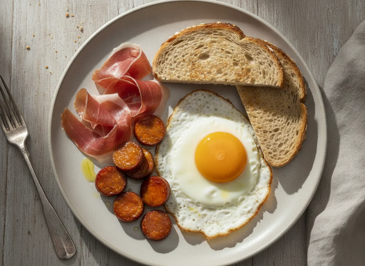Desayuno con huevo frito, jamón serrano, chorizo y tostada photo