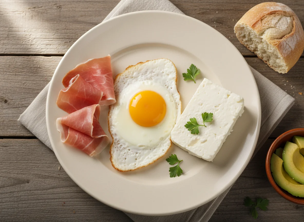 Desayuno con huevo frito, jamón y queso photo