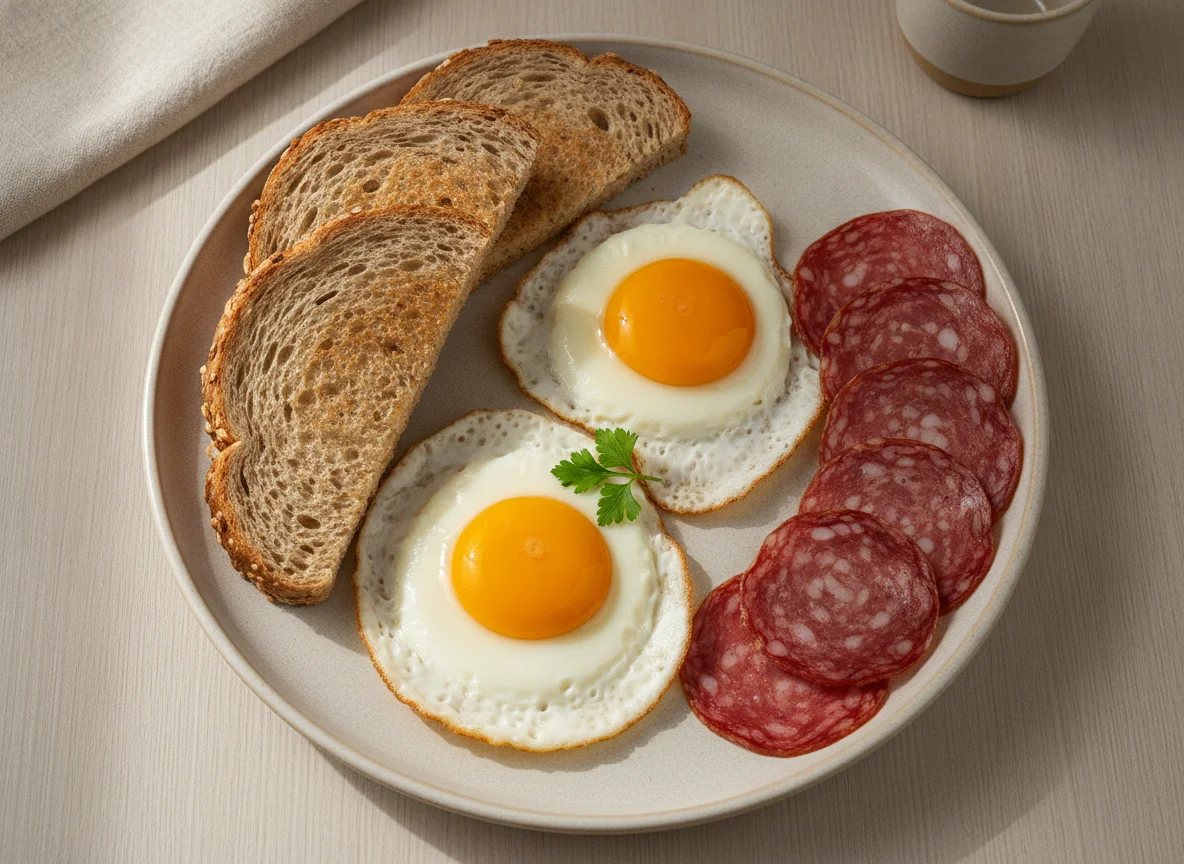 Desayuno con huevo frito, pan integral y salami photo