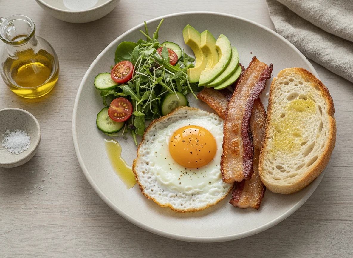 Desayuno con huevo frito, panceta, aguacate y ensalada photo