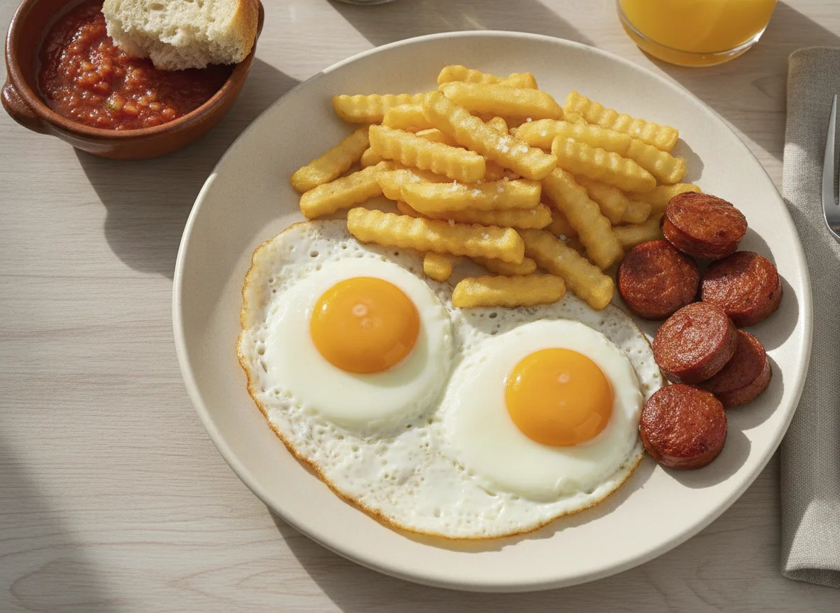 Desayuno con huevo frito, papas fritas y salchichas photo