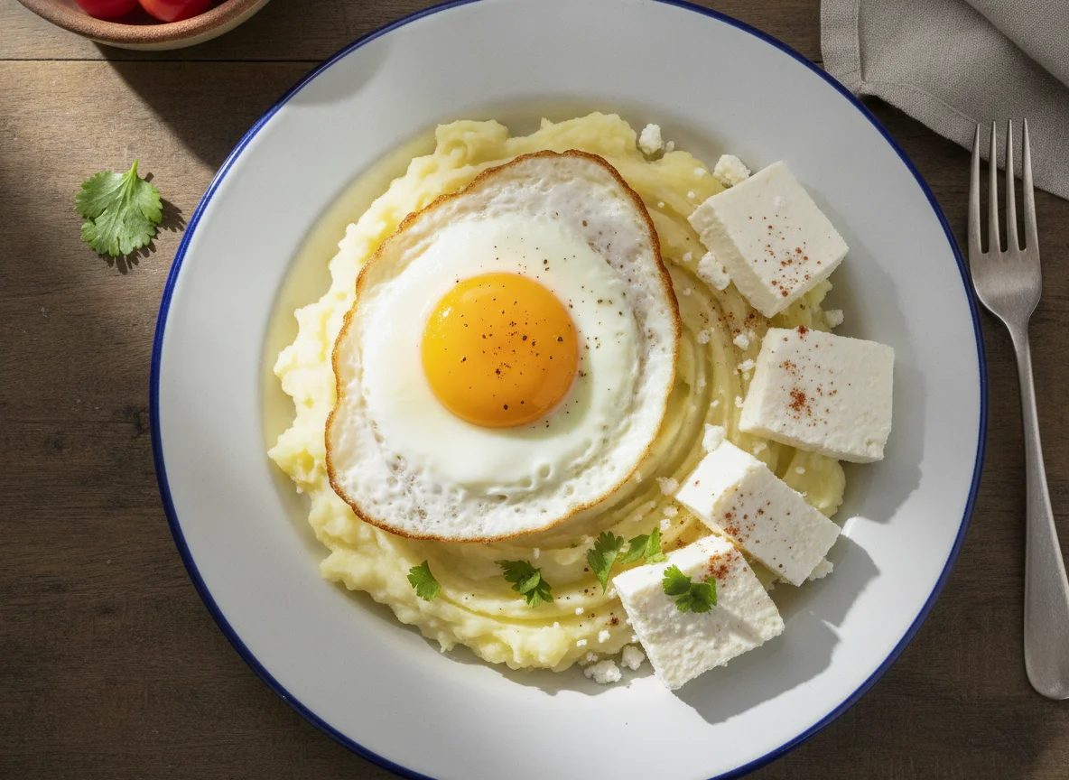 Desayuno con huevo frito, puré de papa y queso photo