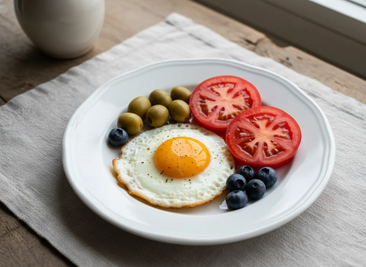 Desayuno con huevo frito, tomate, aceitunas y arándanos photo