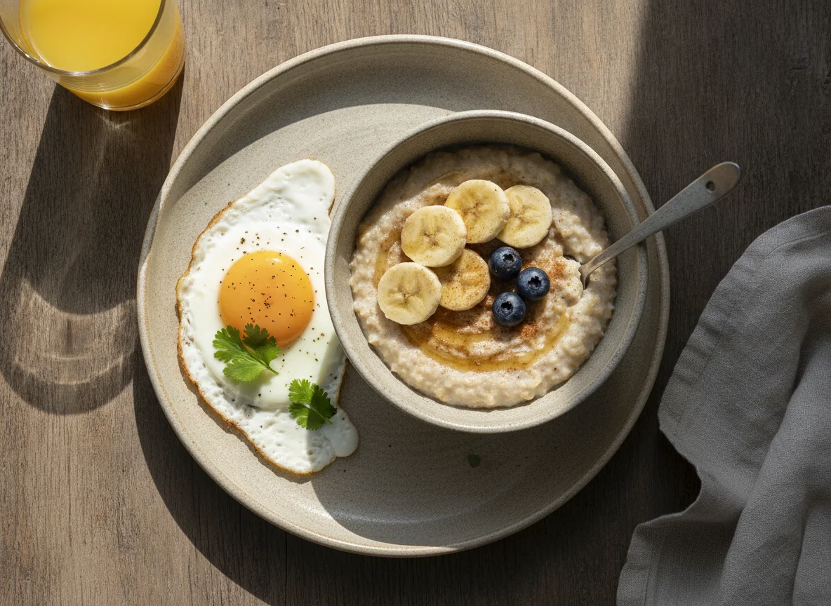 Desayuno con huevo frito y avena con banano photo
