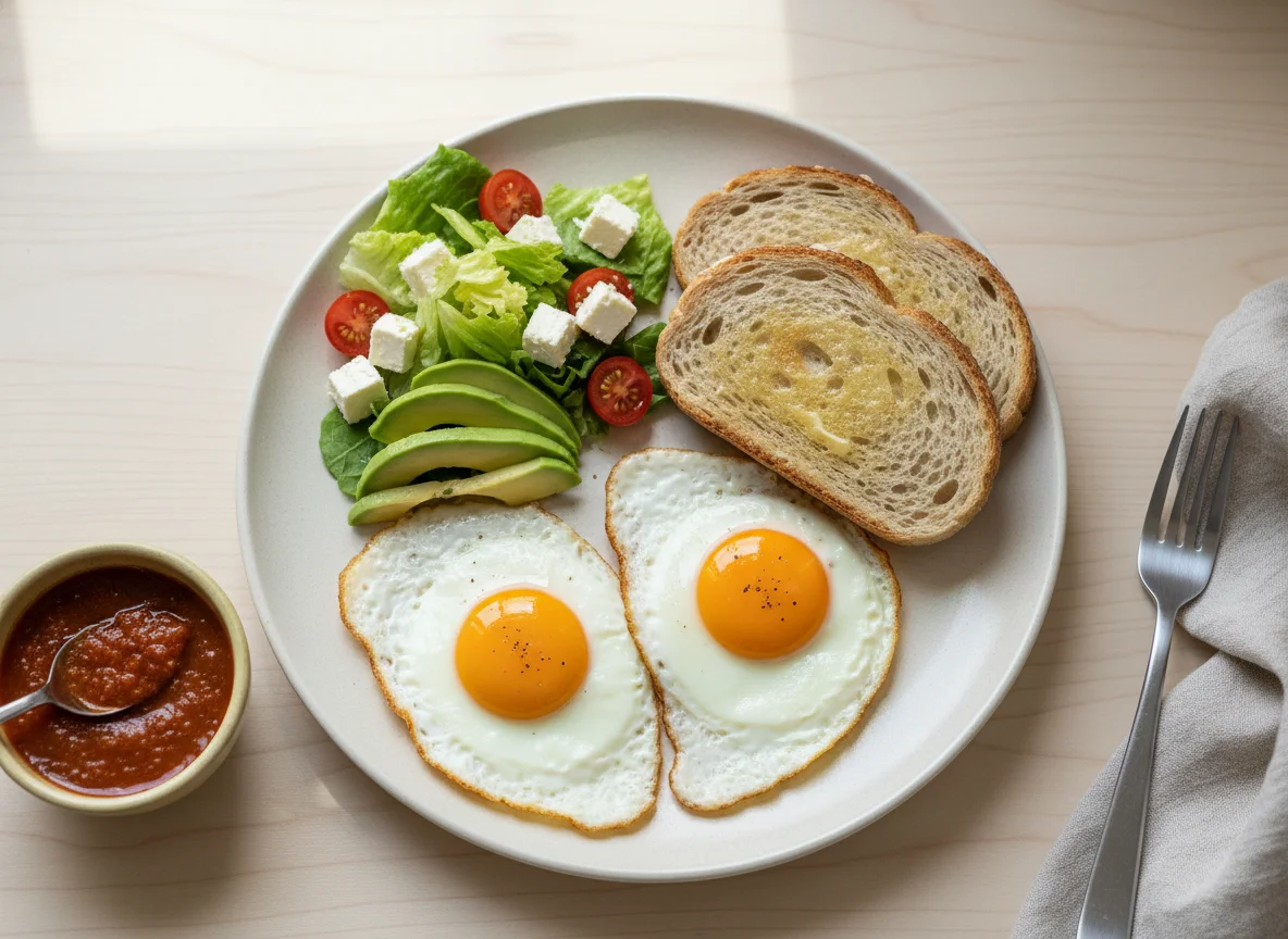 Desayuno con huevo frito y ensalada photo
