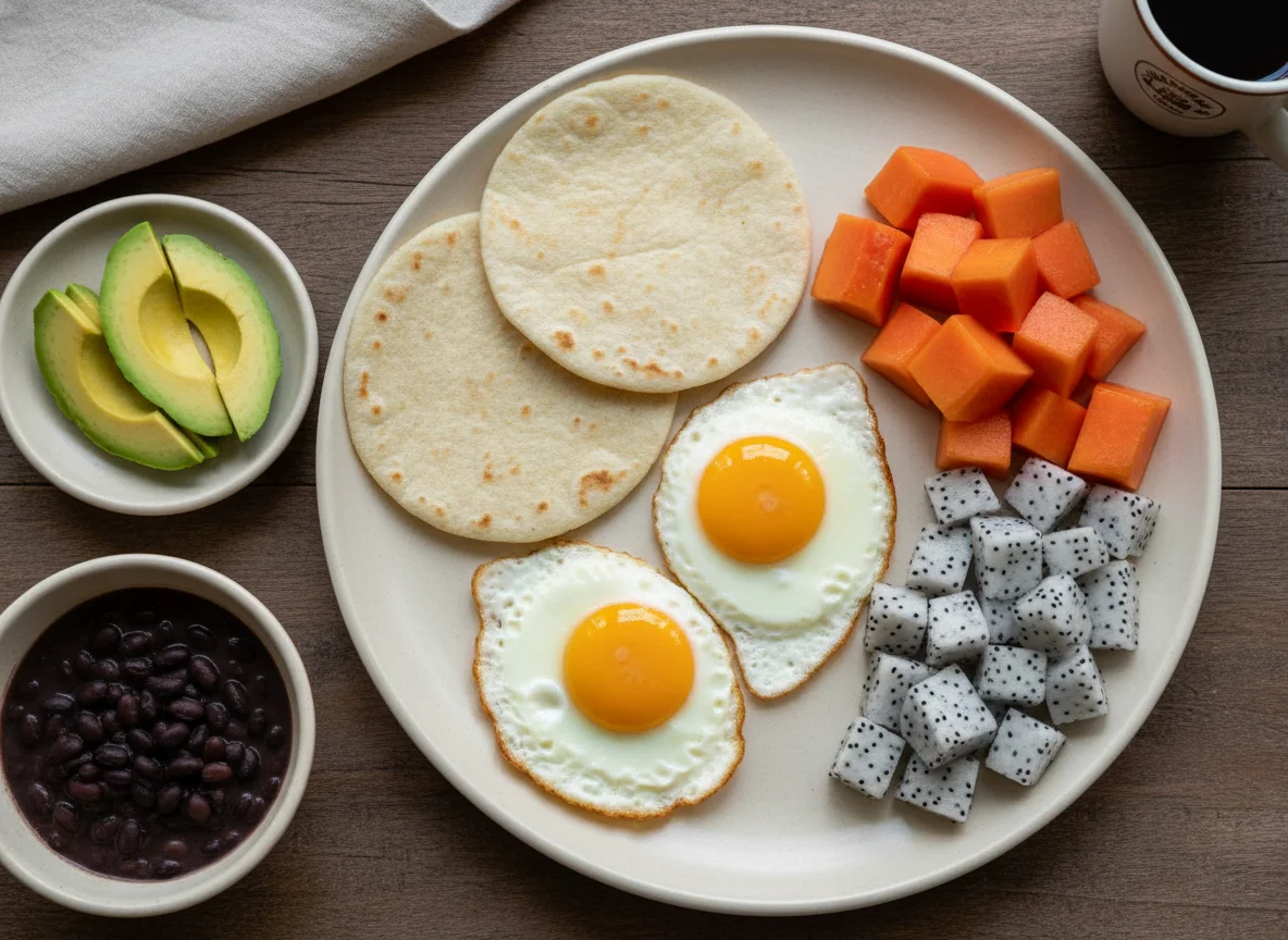 Desayuno con huevo frito y fruta photo