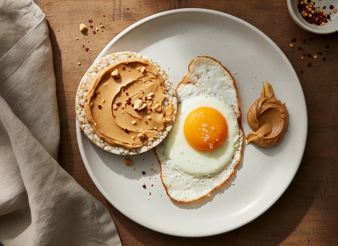 Desayuno con huevo frito y galleta con mantequilla de maní photo