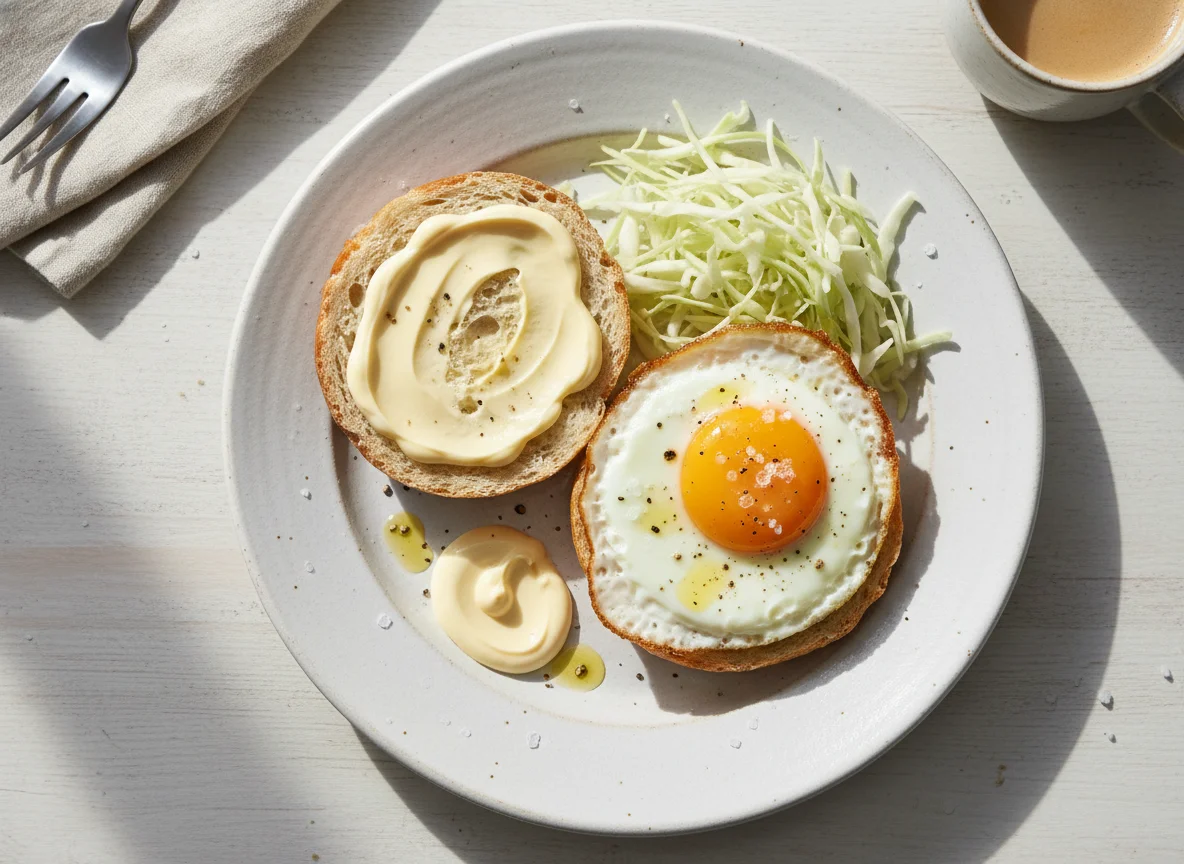 Desayuno con huevo frito y pan photo