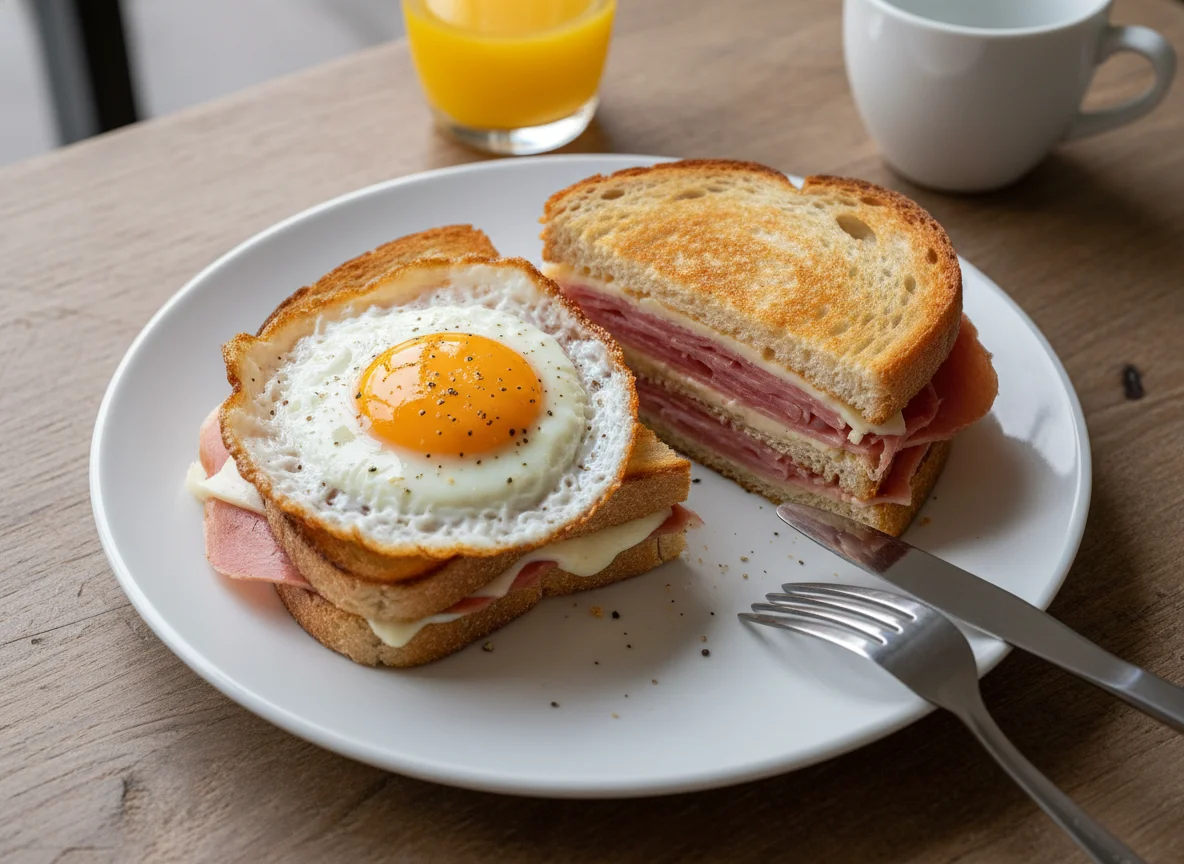 Desayuno con huevo frito y sándwich de jamón y queso photo