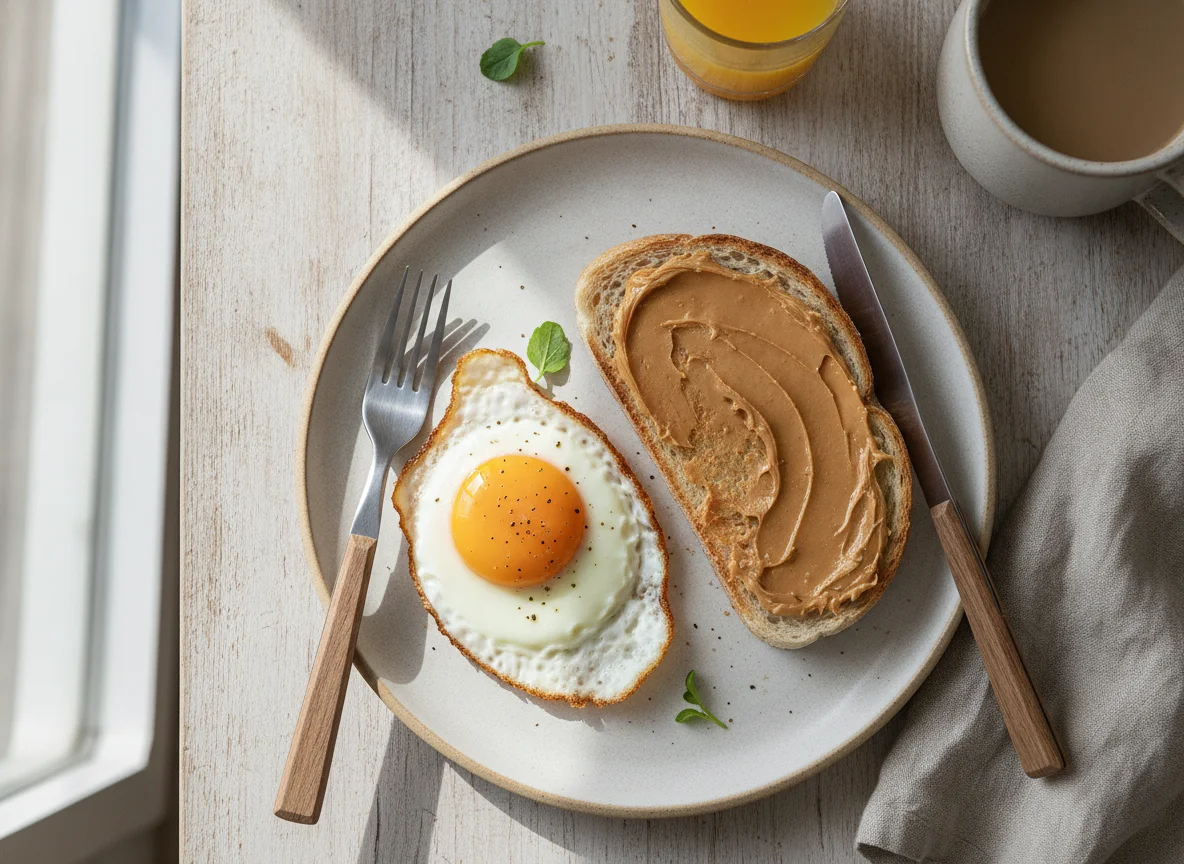 Desayuno con huevo frito y tostada con mantequilla de maní photo