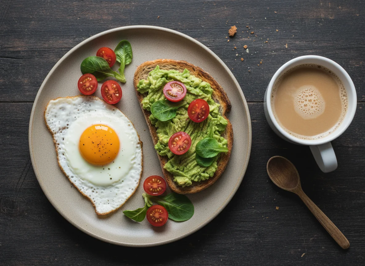 Desayuno con huevo frito y tostada con palta photo