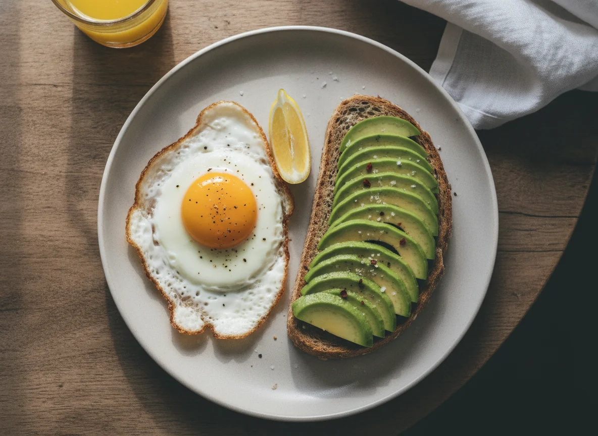 Desayuno con huevo frito y tostada de aguacate photo