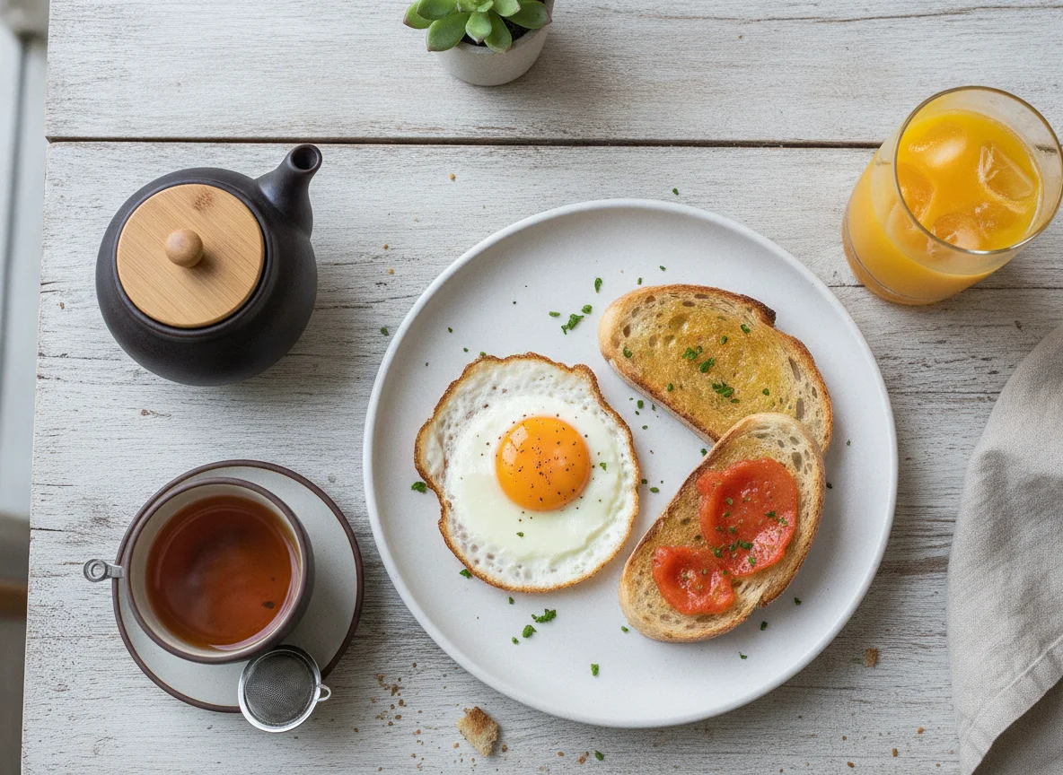 Desayuno con huevo frito, zumo de naranja y té photo