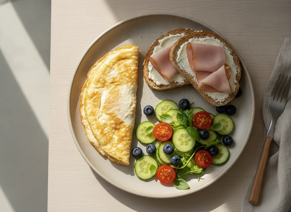 Desayuno con huevo, jamón, pan integral y ensalada photo
