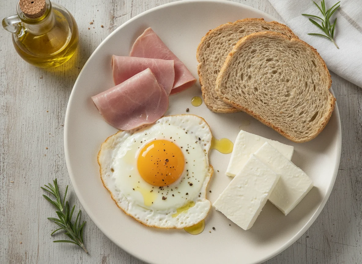 Desayuno con huevo, jamón, queso y pan integral photo