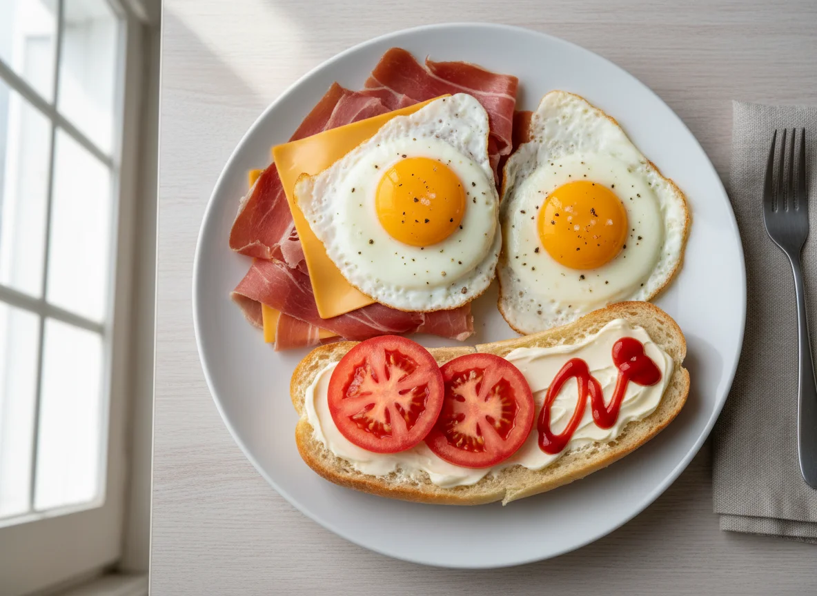 Desayuno con huevo, jamón y pan photo