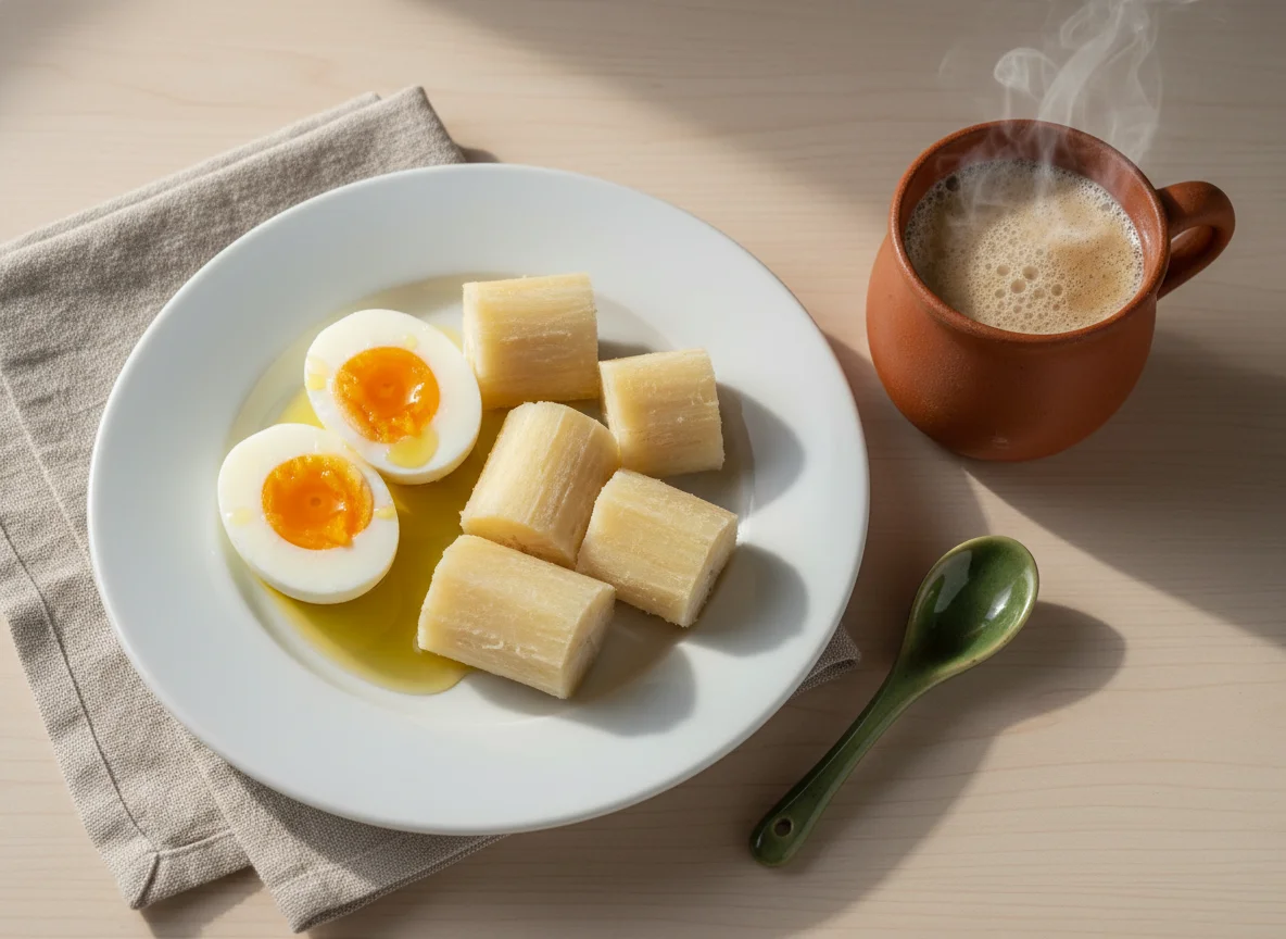 Desayuno con huevo, mandioca y bebida caliente photo