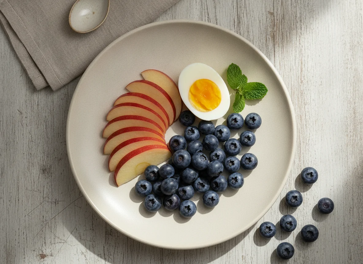 Desayuno con huevo, manzana y arándanos photo