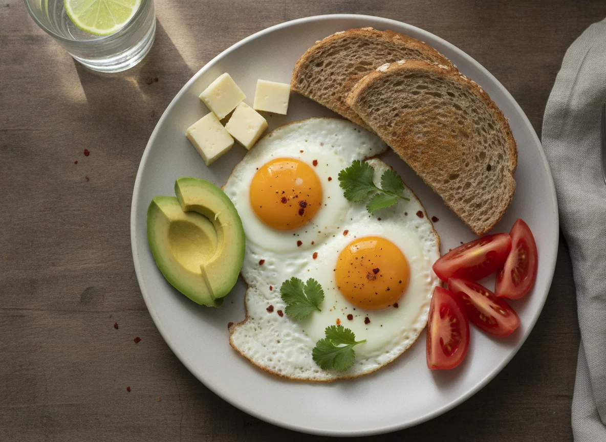 Desayuno con huevo, palta, queso y pan integral photo