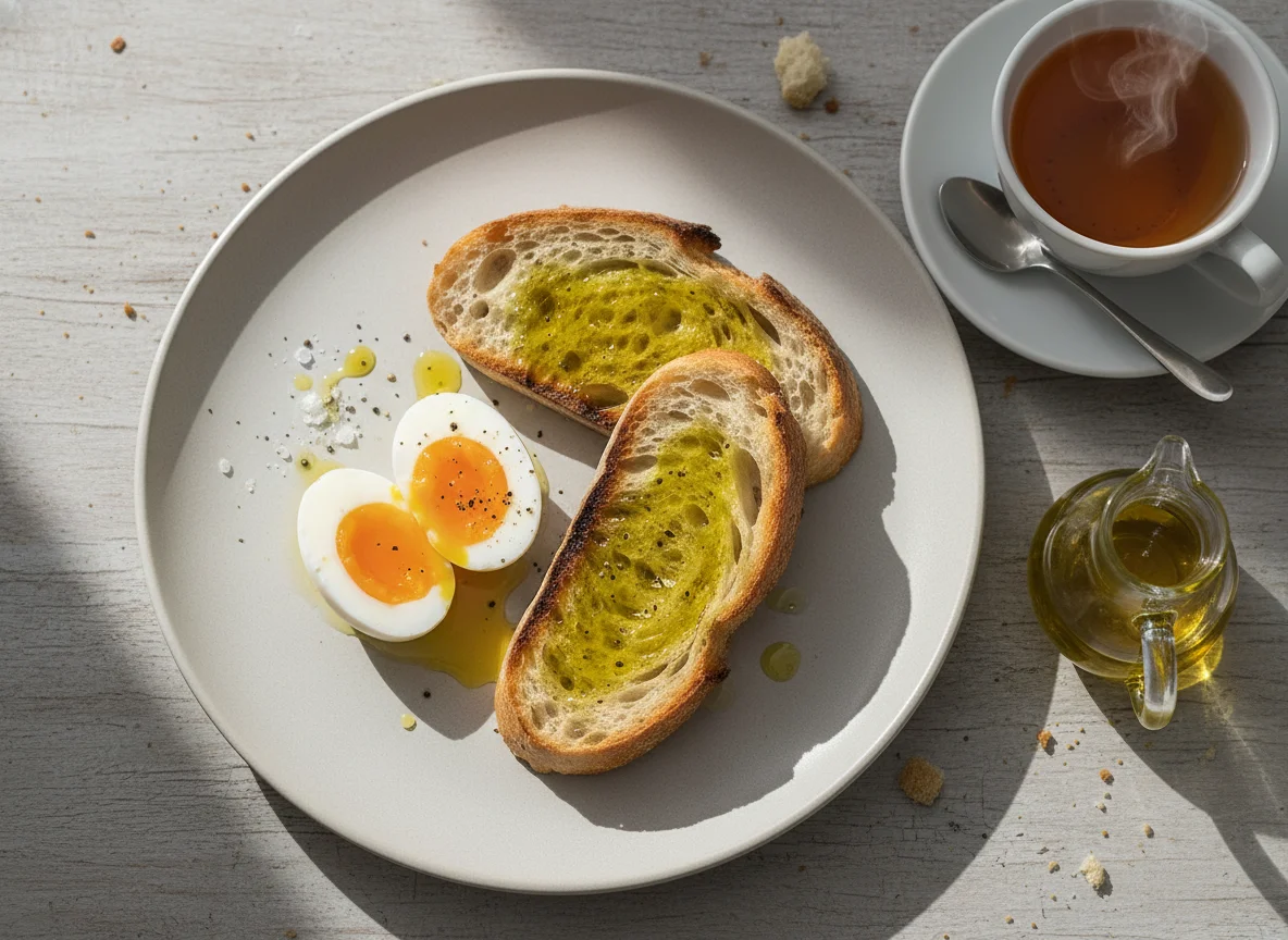 Desayuno con huevo, pan y aceite photo