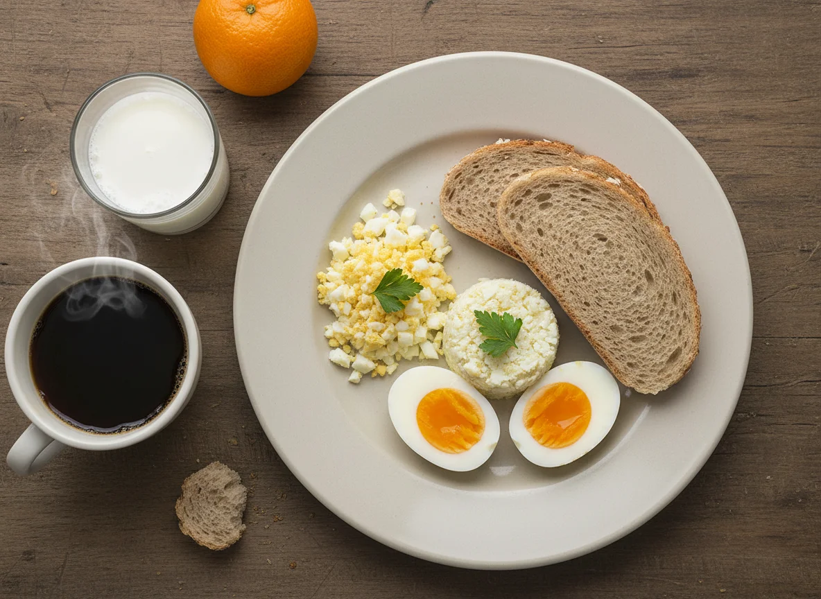 Desayuno con huevo, pan y bebidas photo