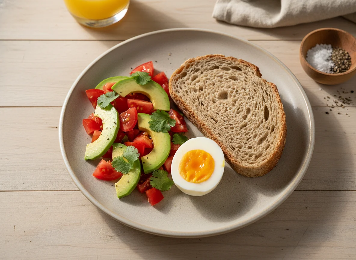 Desayuno con huevo, pan y ensalada photo
