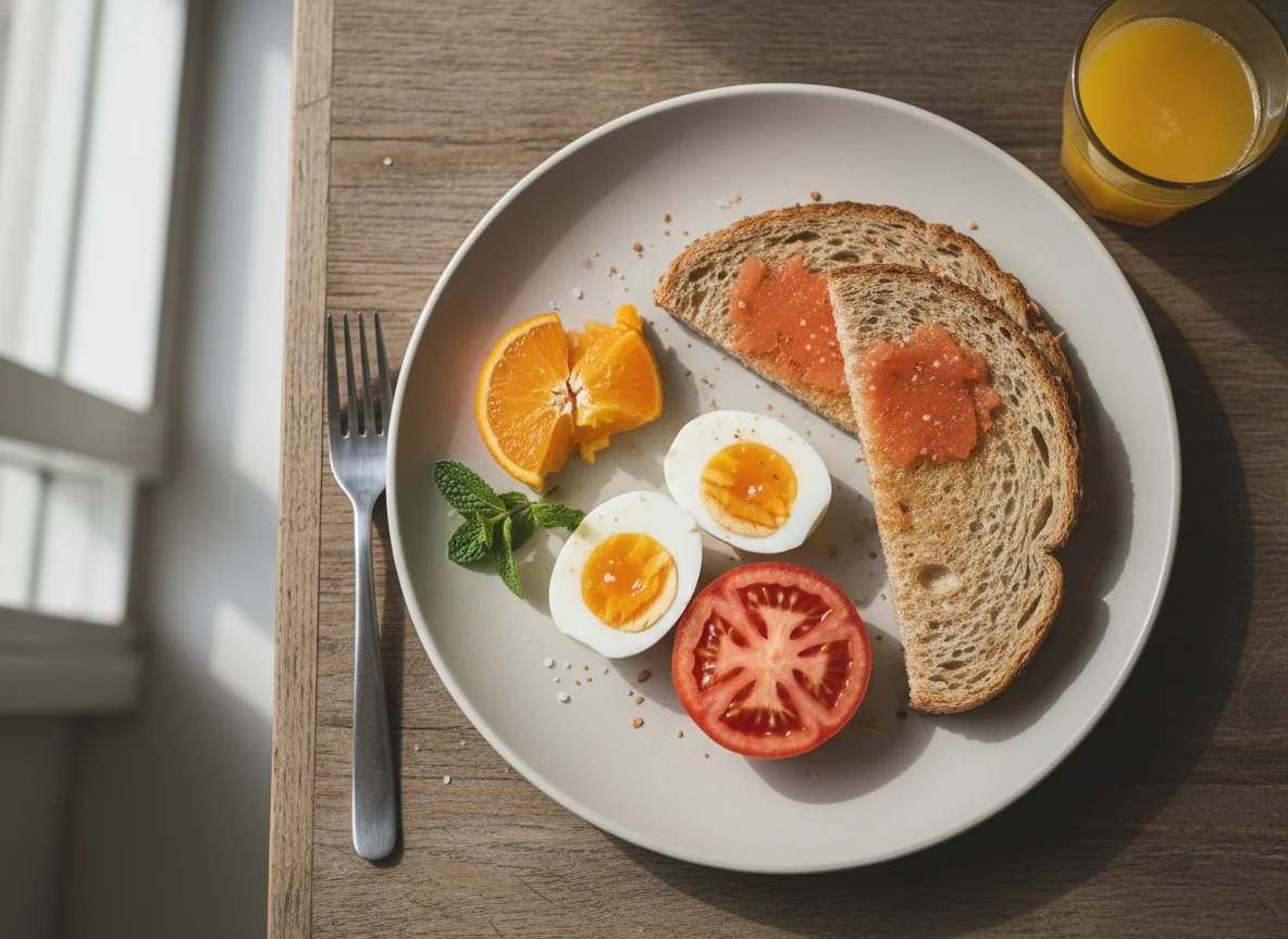 Desayuno con huevo, pan y naranja photo