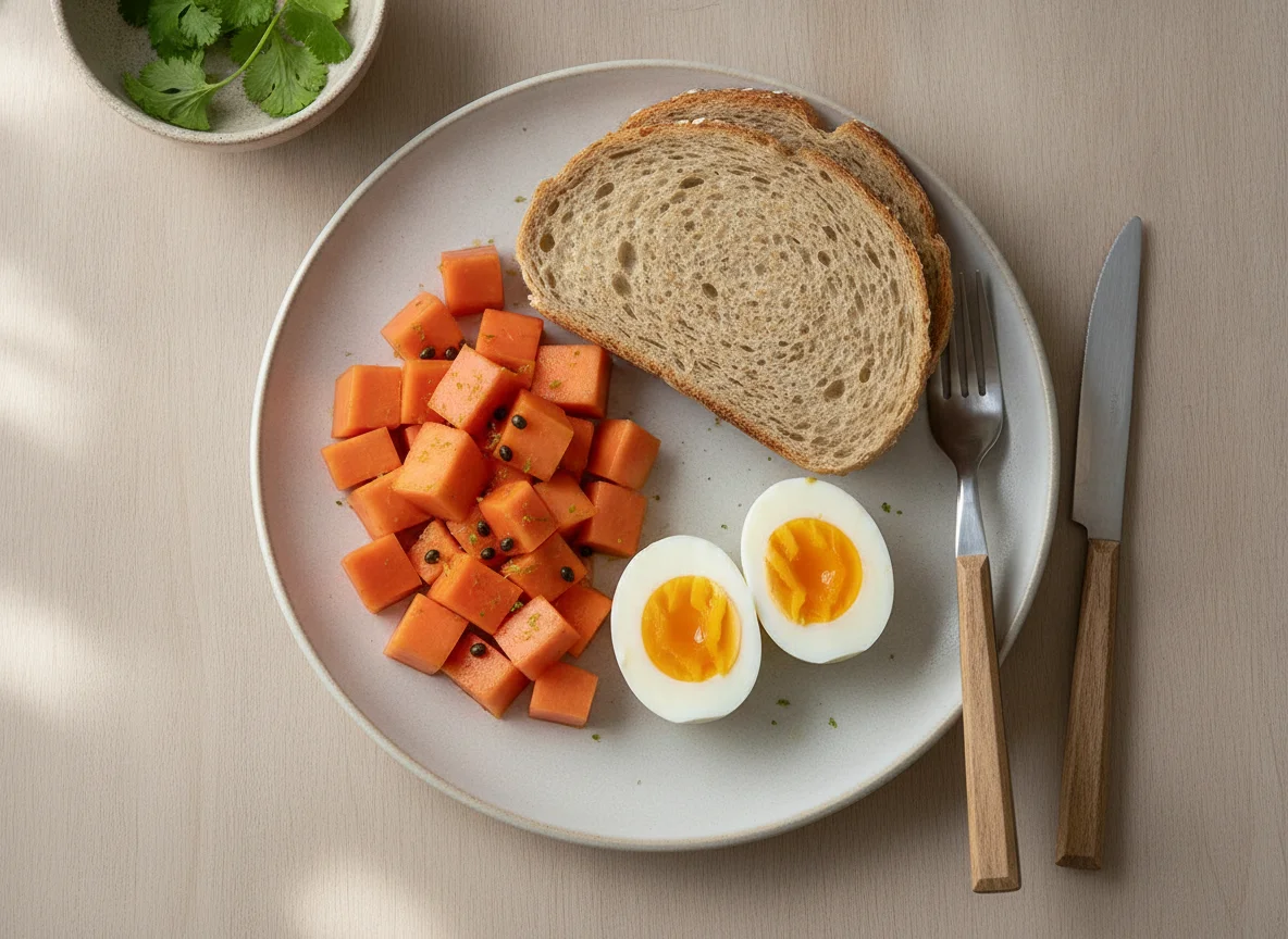 Desayuno con huevo, papaya y pan integral photo