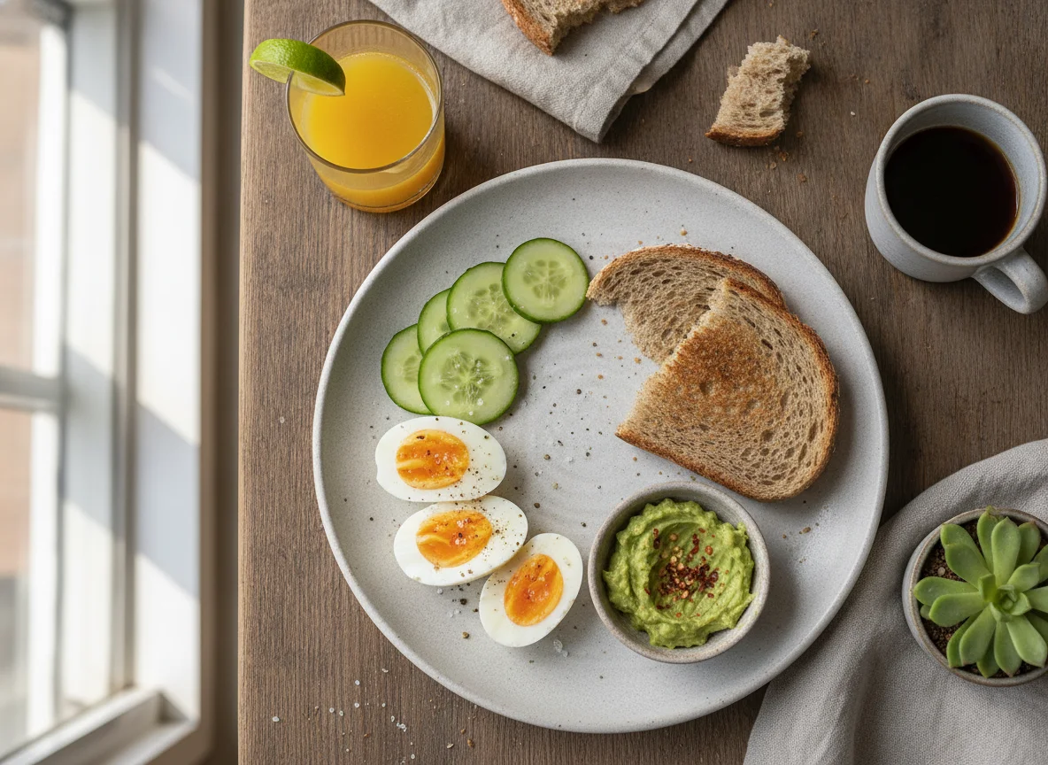 Desayuno con huevo, pepino y pan photo