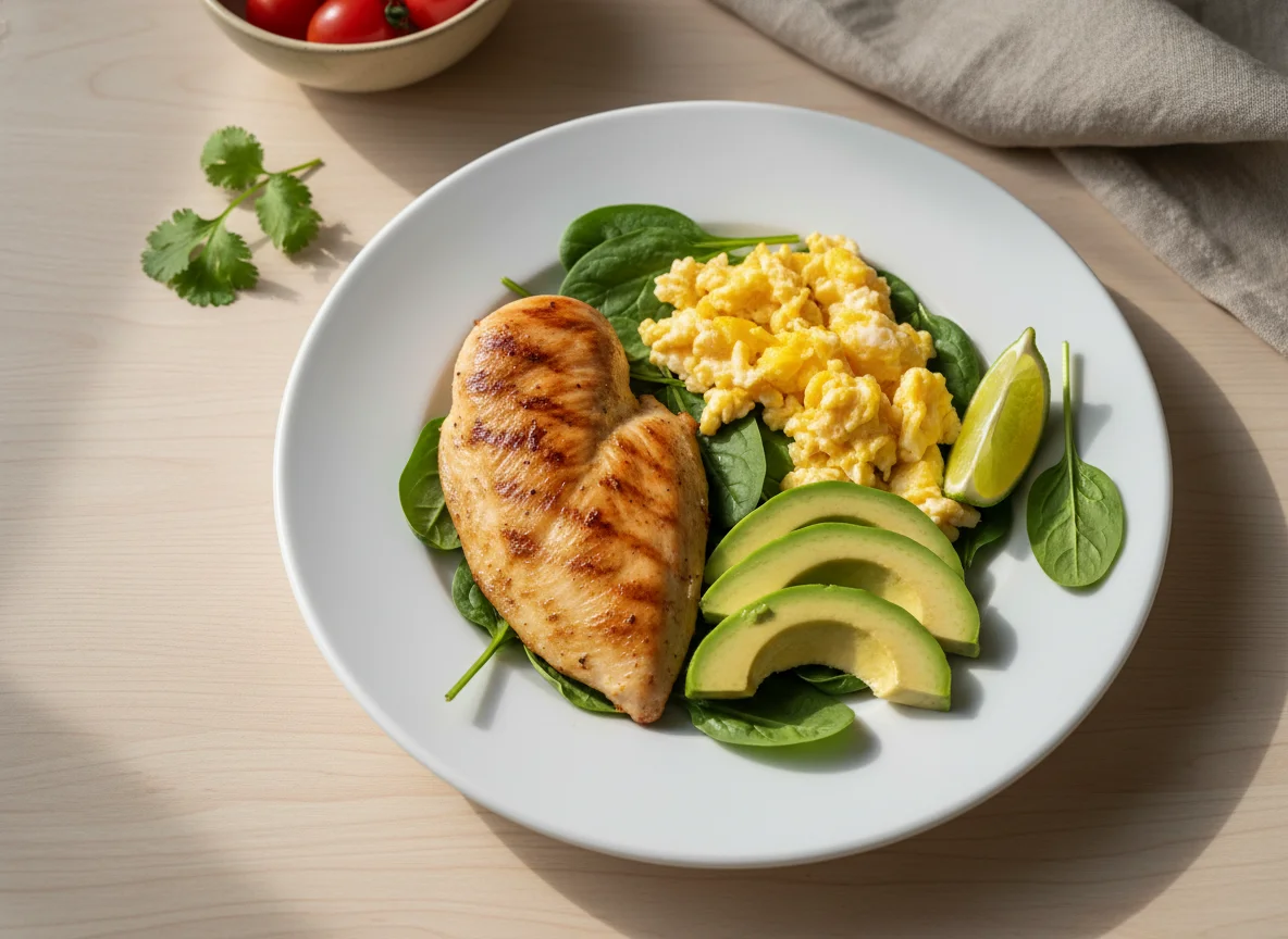 Desayuno con huevo, pollo y aguacate photo