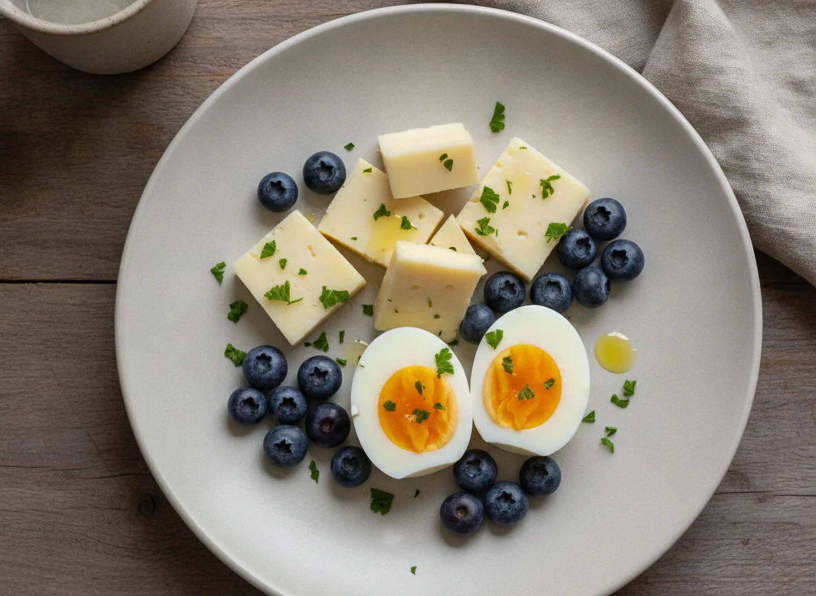 Desayuno con huevo, queso y arándanos photo