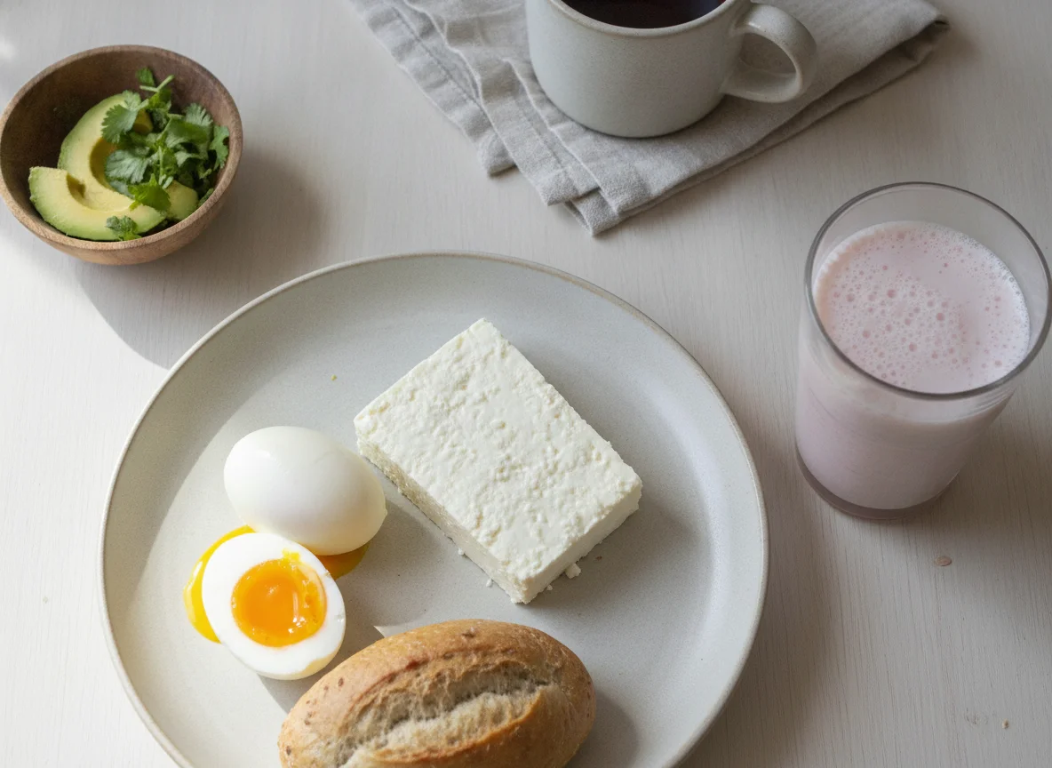 Desayuno con huevo, queso y bebida láctea photo
