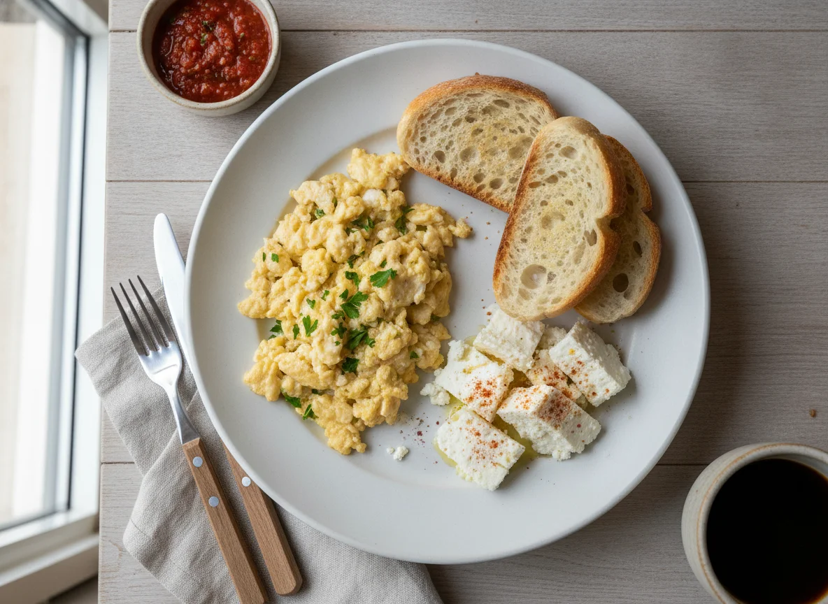 Desayuno con huevo revuelto, pan y queso photo