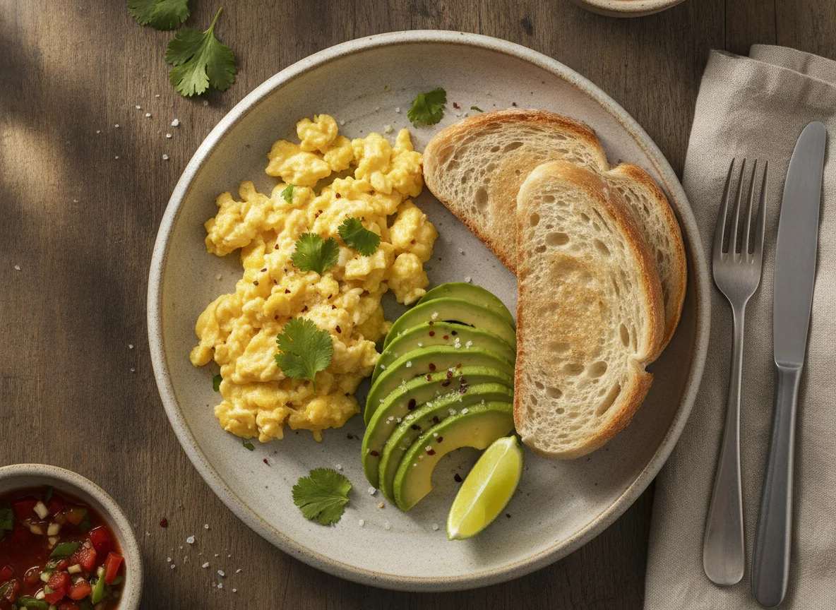 Desayuno con huevo revuelto y aguacate photo