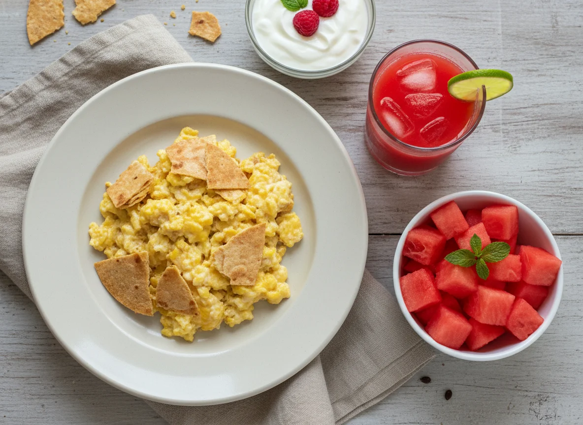 Desayuno con huevo revuelto, yogur y fruta photo