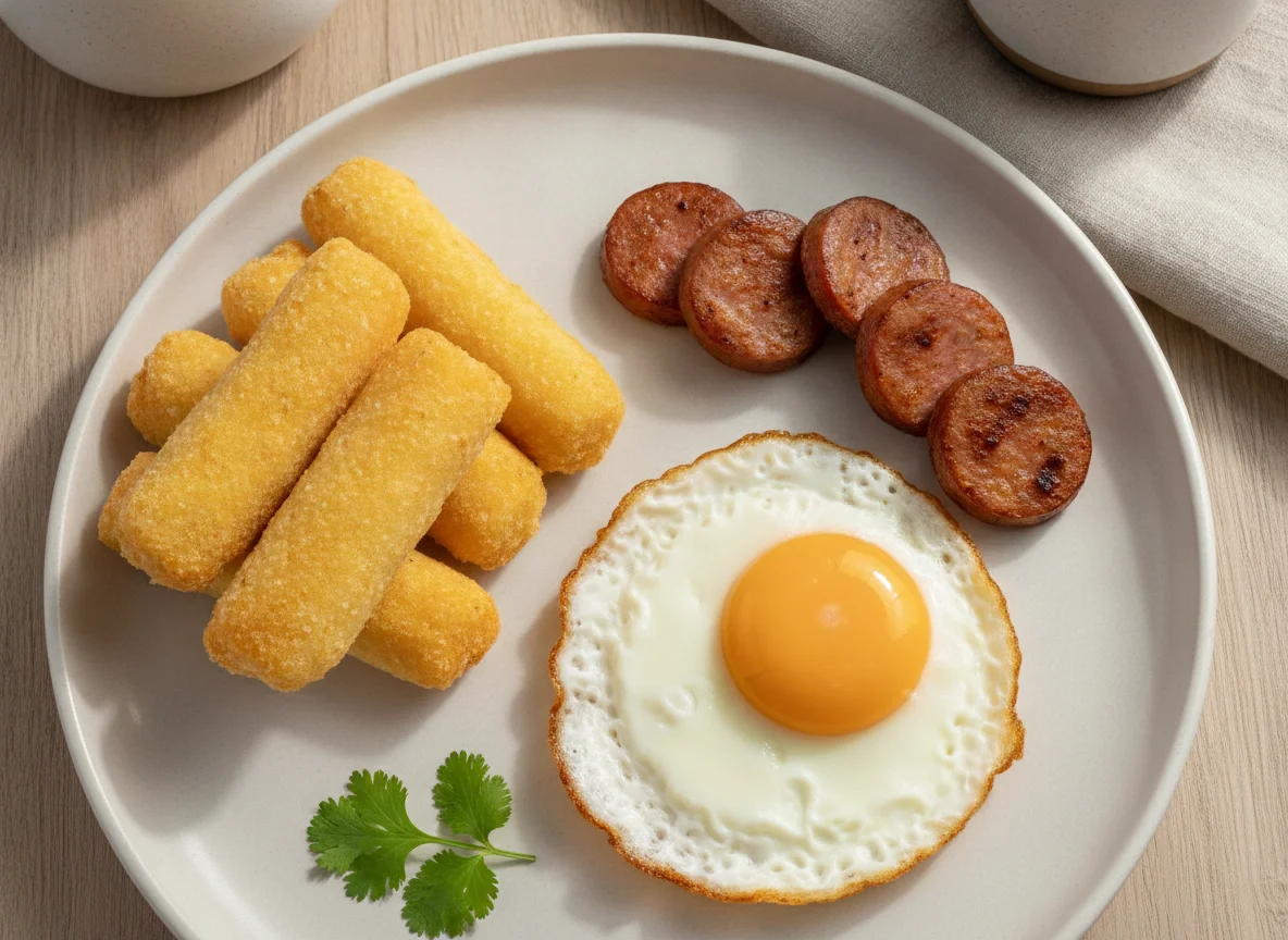 Desayuno con huevo, salchicha y pan photo