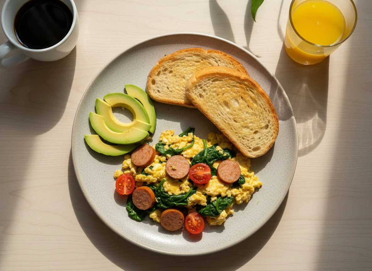 Desayuno con huevo, salchicha y vegetales photo