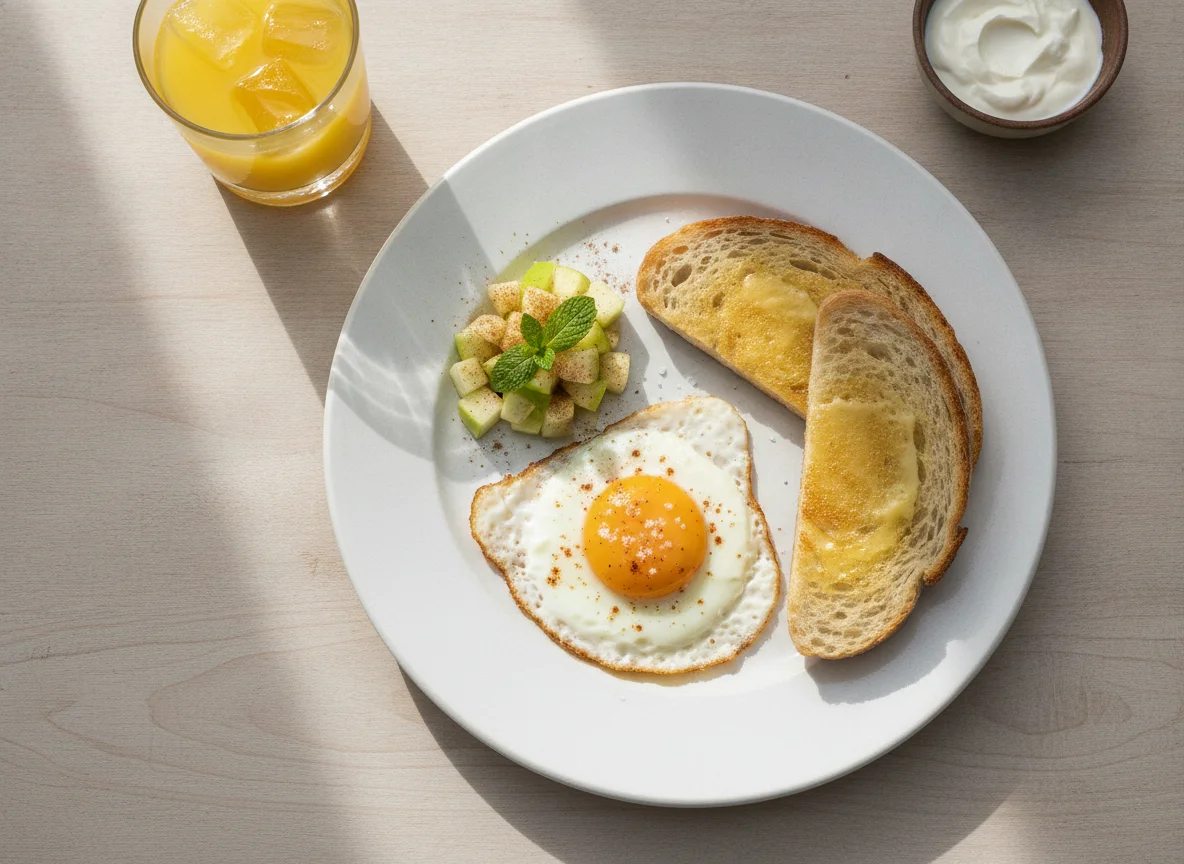 Desayuno con huevo, tostadas y manzana photo