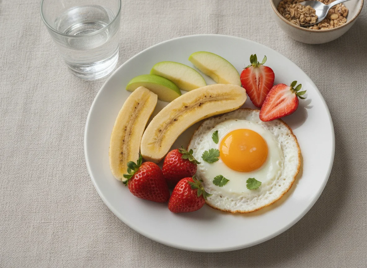 Desayuno con huevo y frutas photo