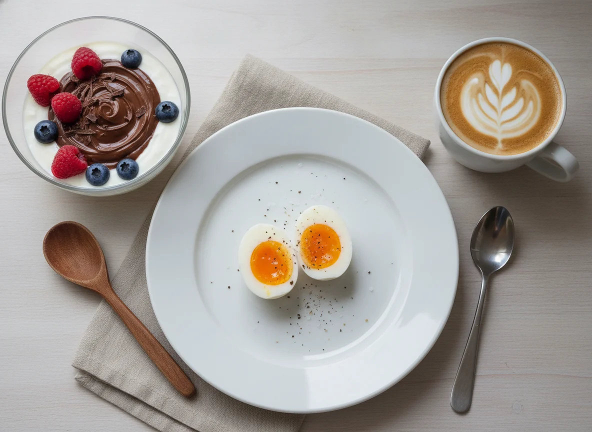 Desayuno con huevo, yogur y bebida caliente photo