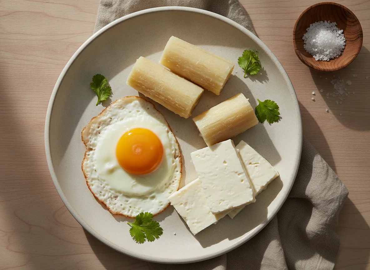 Desayuno con huevo, yuca y queso photo