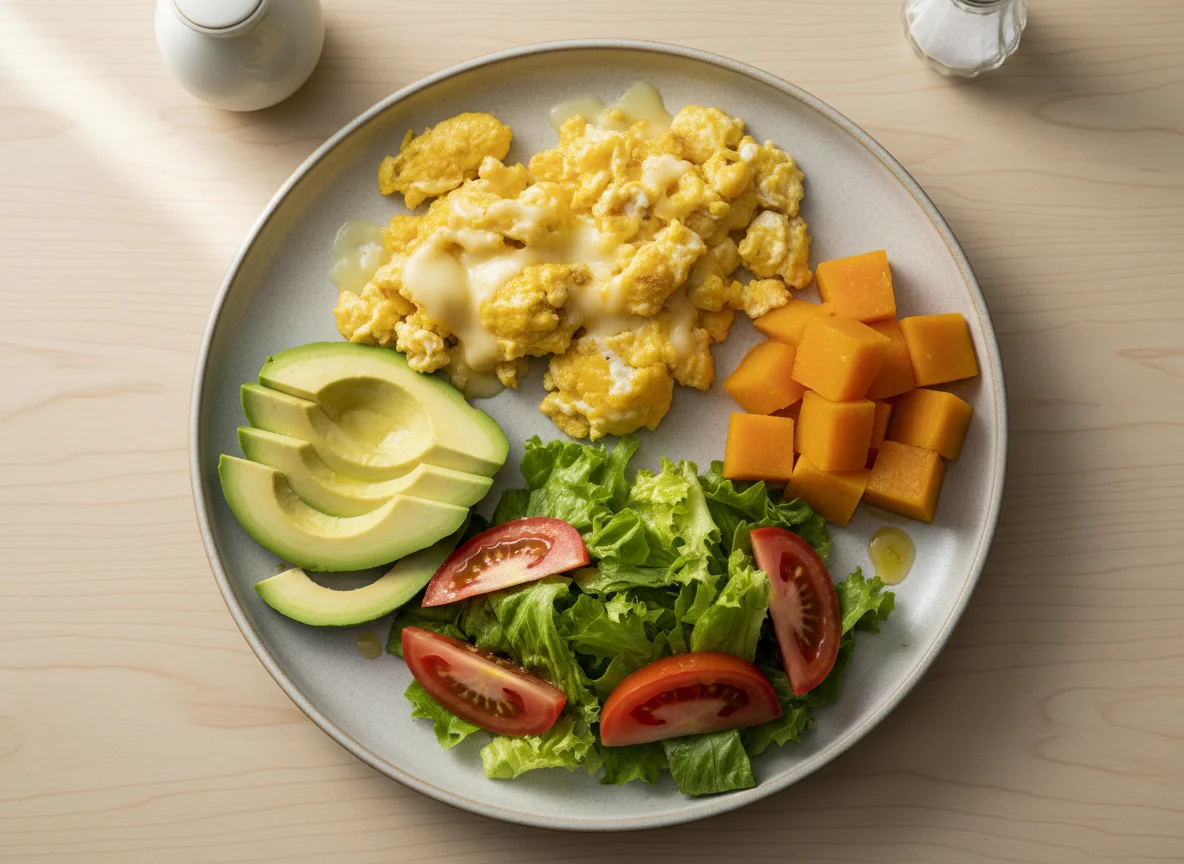 Desayuno con huevos, aguacate, calabaza y ensalada photo
