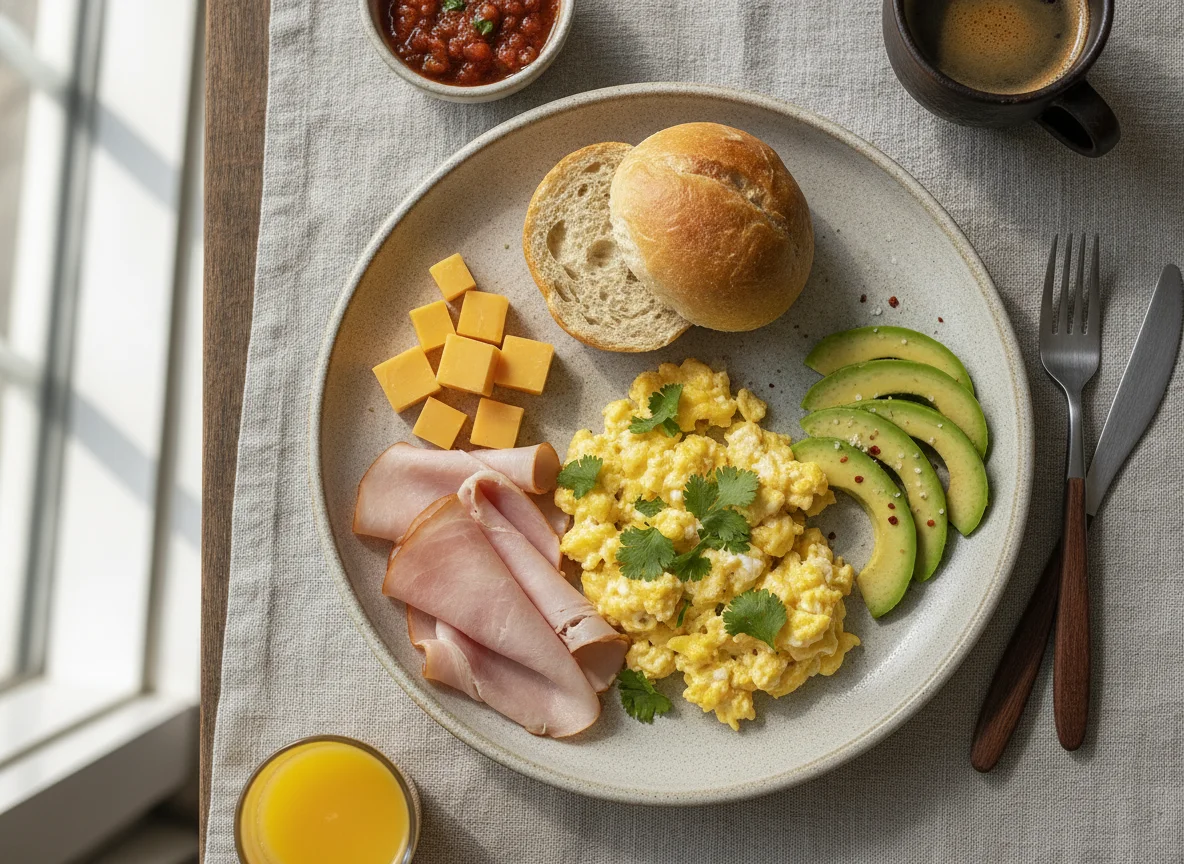 Desayuno con huevos, aguacate, jamón y queso photo