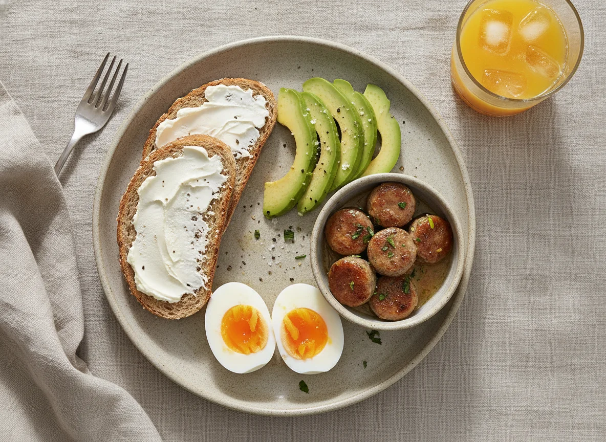 Desayuno con huevos, aguacate, salchichas y jugo photo