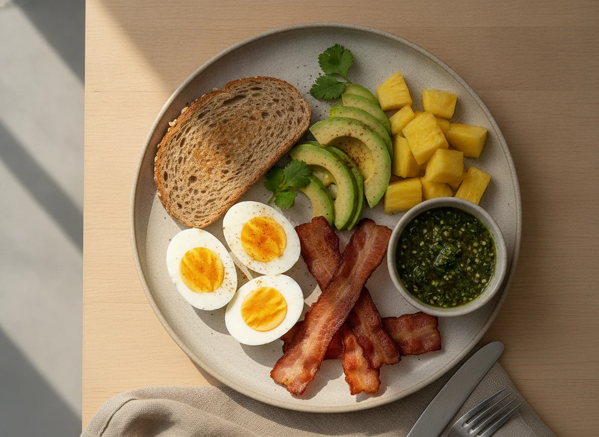 Desayuno con huevos, aguacate, tocino y piña photo