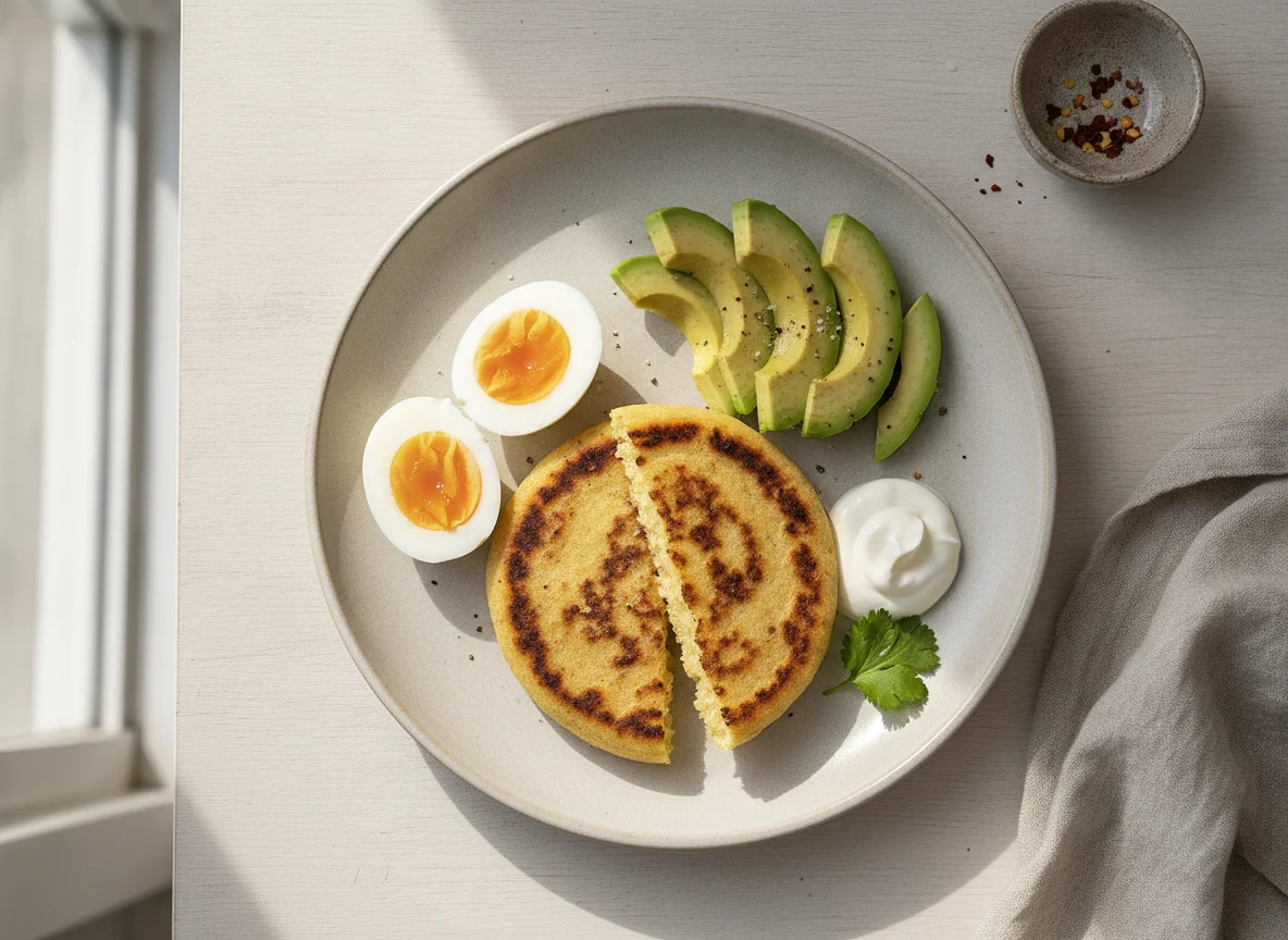 Desayuno con huevos, aguacate y arepa photo