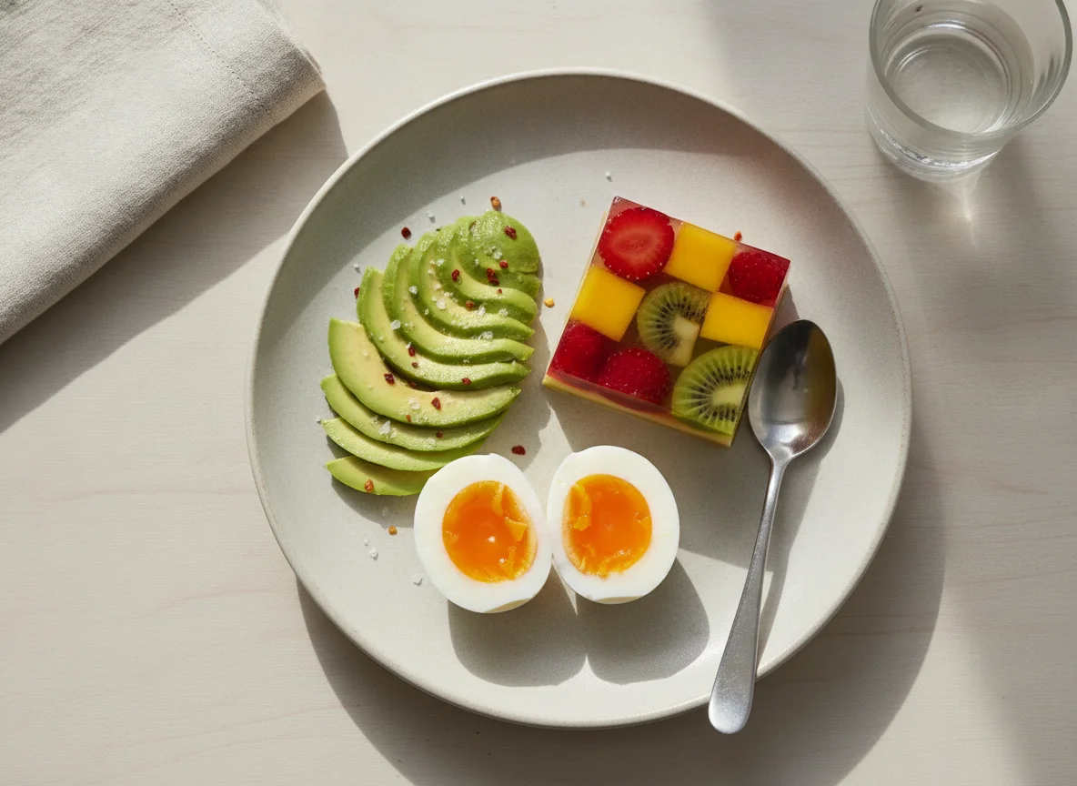 Desayuno con huevos, aguacate y gelatina photo