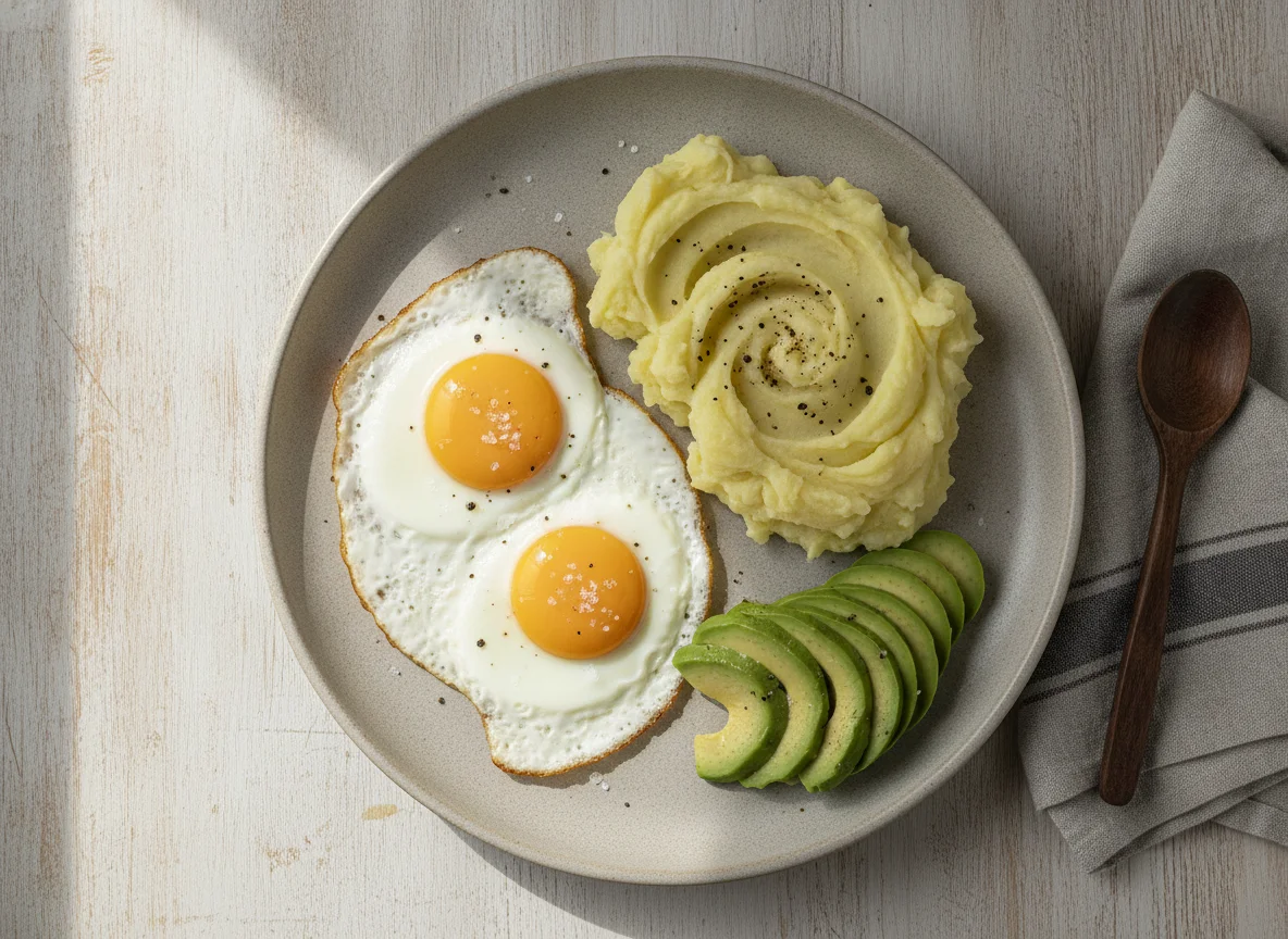 Desayuno con huevos, aguacate y puré de papa photo
