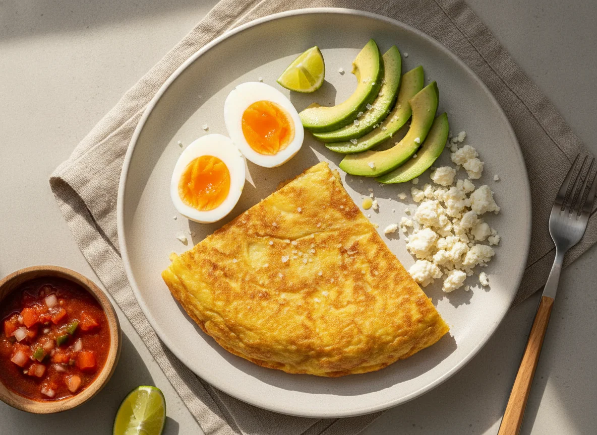 Desayuno con huevos, aguacate y queso photo