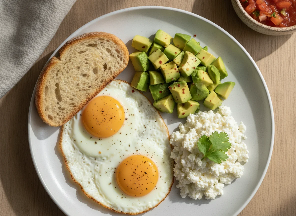 Desayuno con huevos, aguacate y queso cottage photo